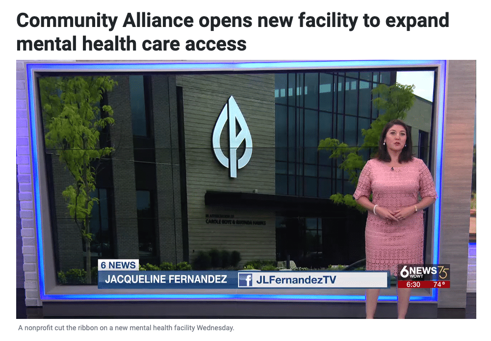 News broadcast with headline that reads: "Community Alliance open new facility to expand mental health care access."