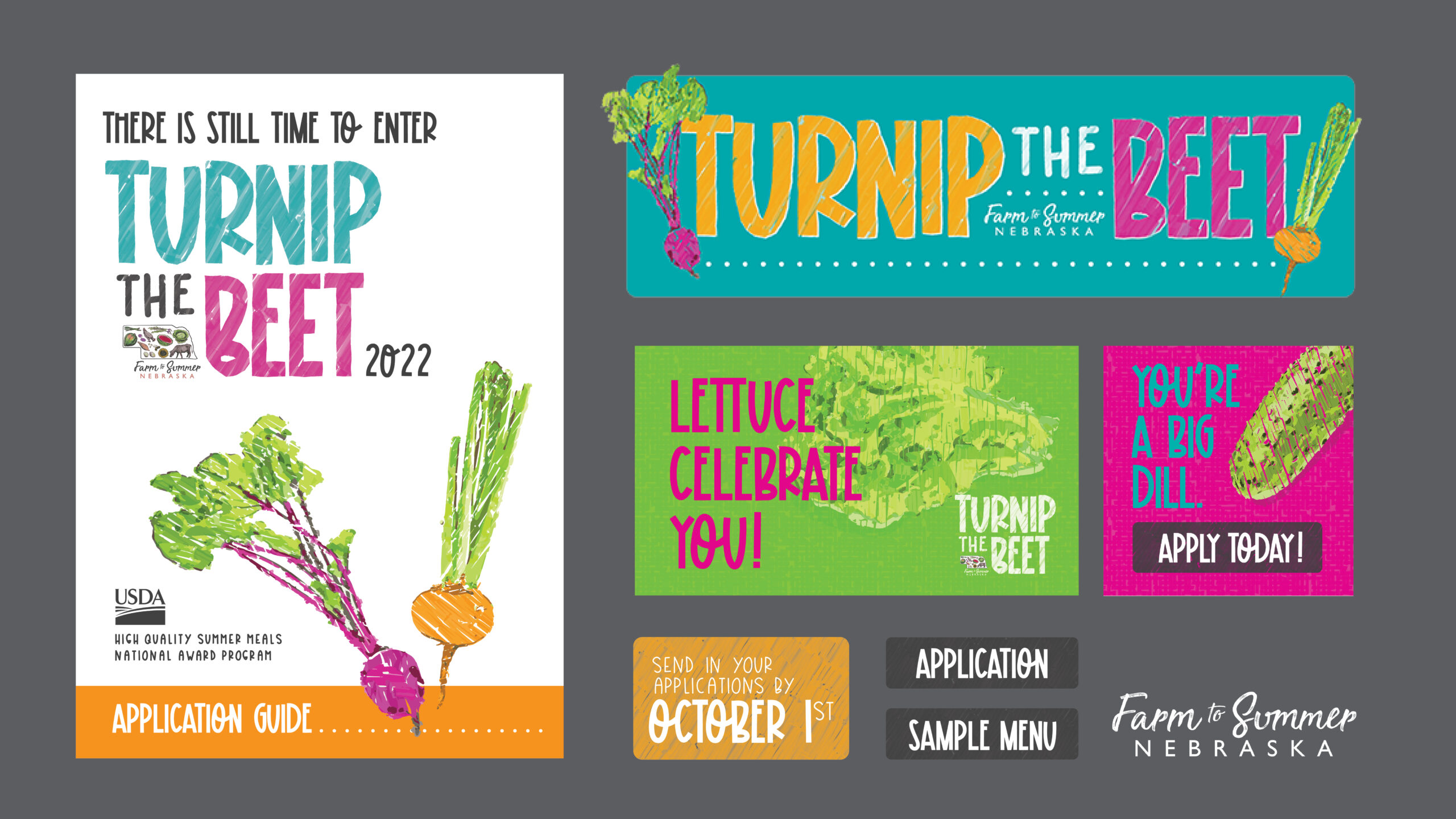 Colorful Turnip the Beet graphics utilizing bright colors and various vegetables atop a grey background.