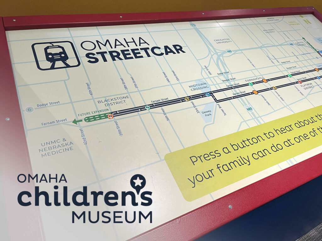 Interactive Streetcar map at Omaha Children's Museum for their Spring 2024 Transportation exhibit